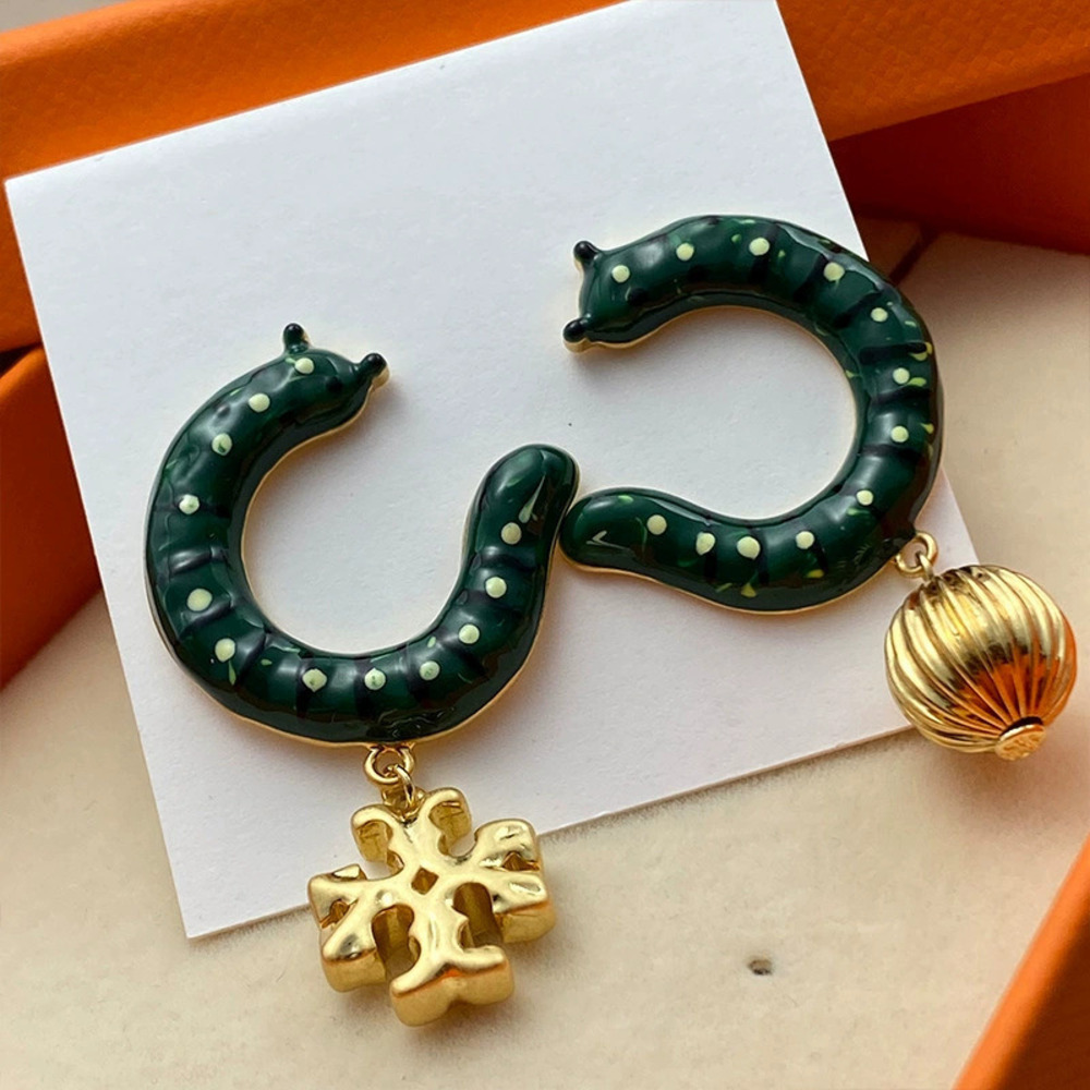 Tory Burch Gold Plated Twin Phoenix Green Enamel Caterpillar Pumpkin Asymmetric